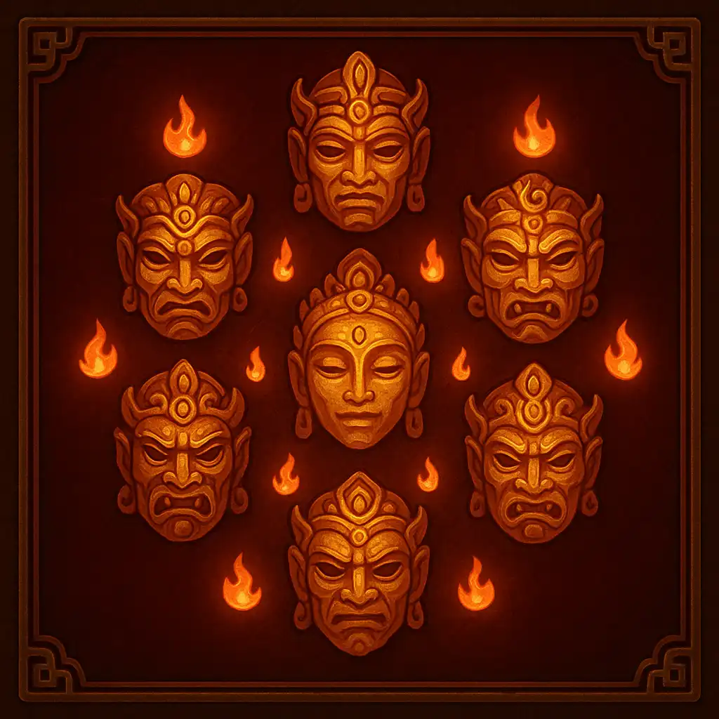 Asian-themed slot game tile with nine glowing ceremonial masks
