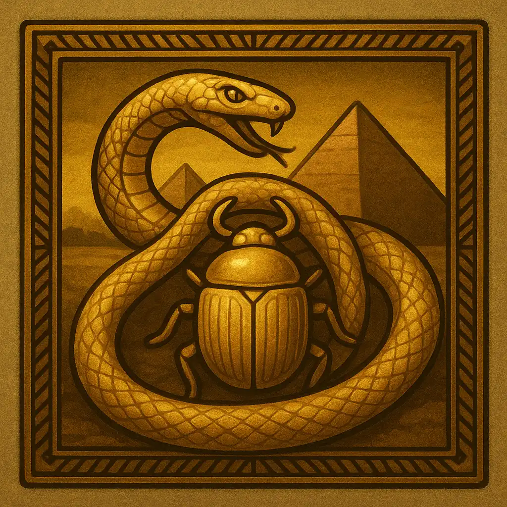 Egyptian-themed slot game tile featuring a golden asp and pyramids