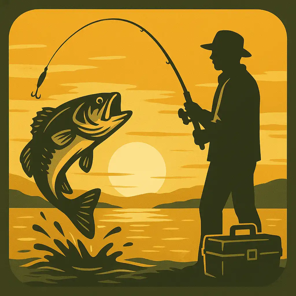 Fishing-themed slot game tile with a fisherman and a tackle box