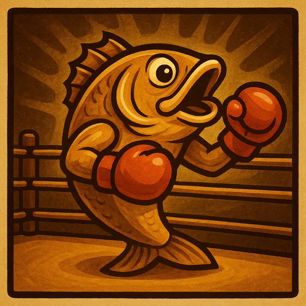 Fishing-themed slot game tile with a bass wearing boxing gloves