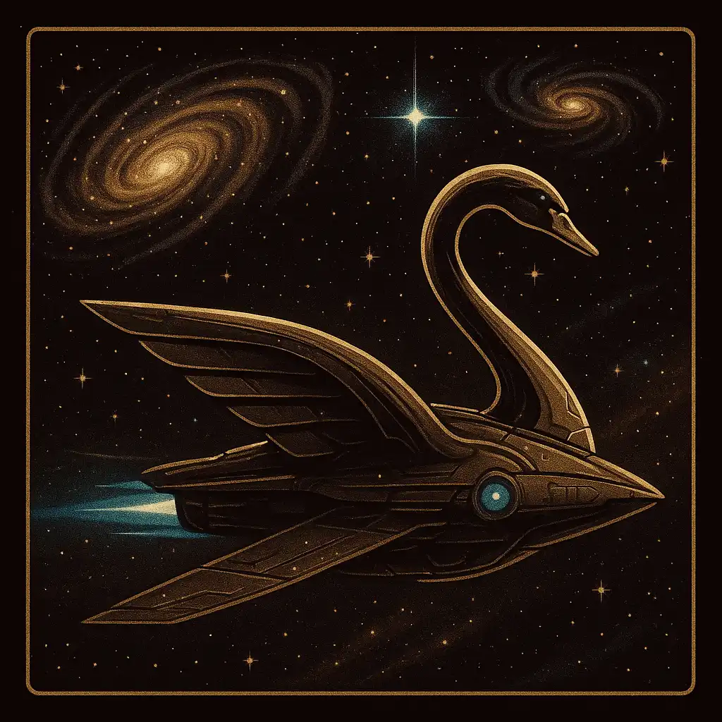 Space-themed slot game tile with a swan-shaped starship among distant galaxies