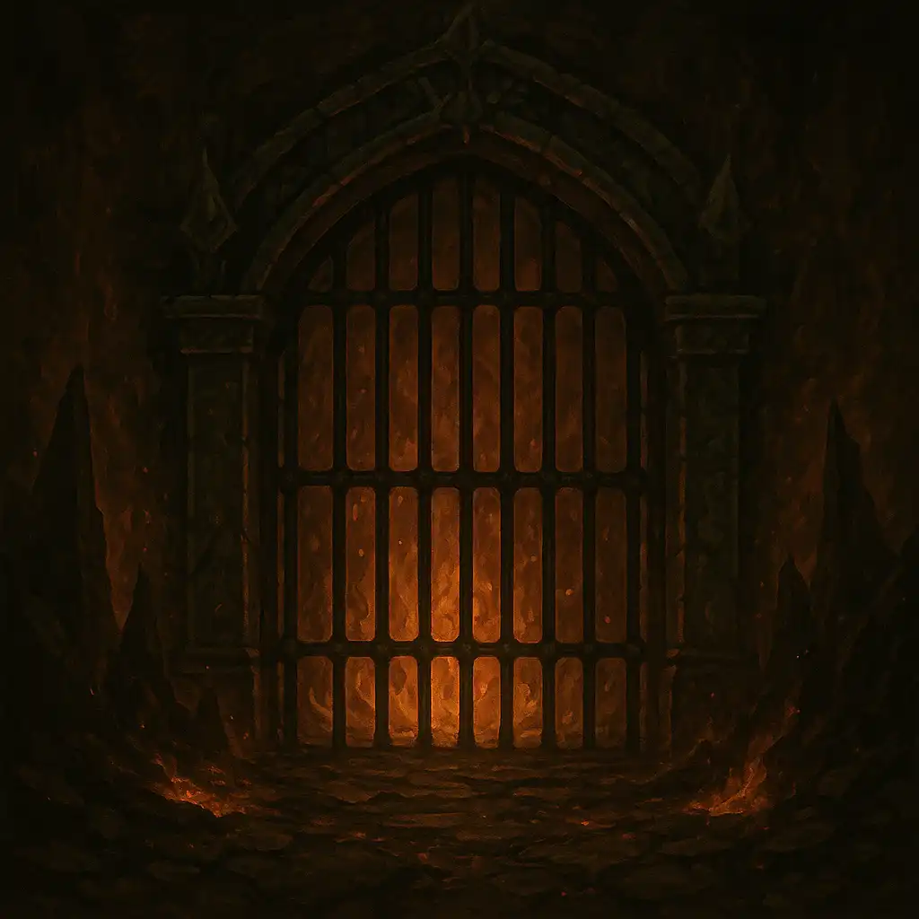 Underworld-themed slot game tile with dark flames and iron gates