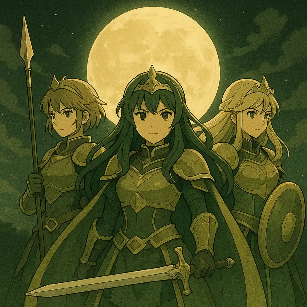 Anime-style slot game tile with three warrior princesses under a moonlit sky