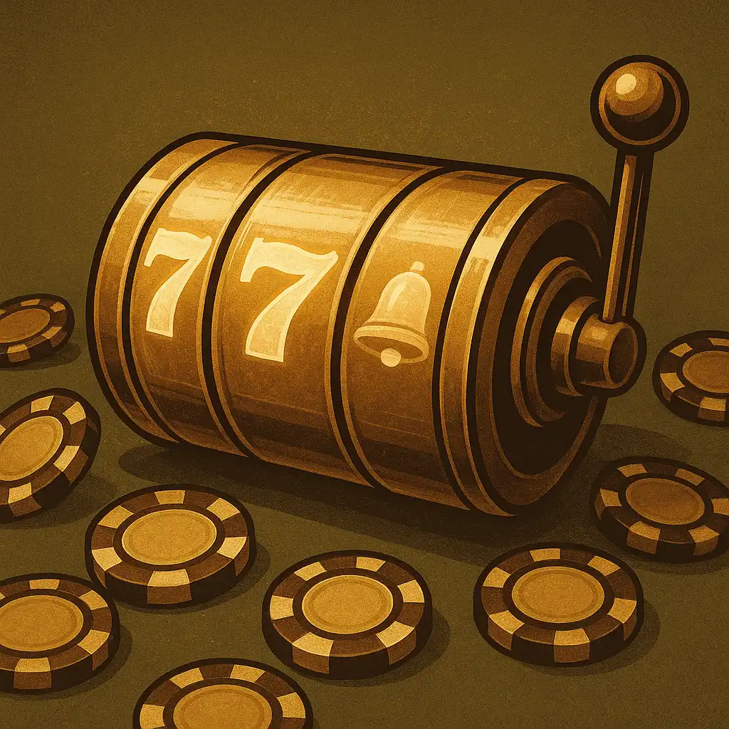 Illustration of a golden slot reel and casino chips in front of an olive and dark brown backdrop
