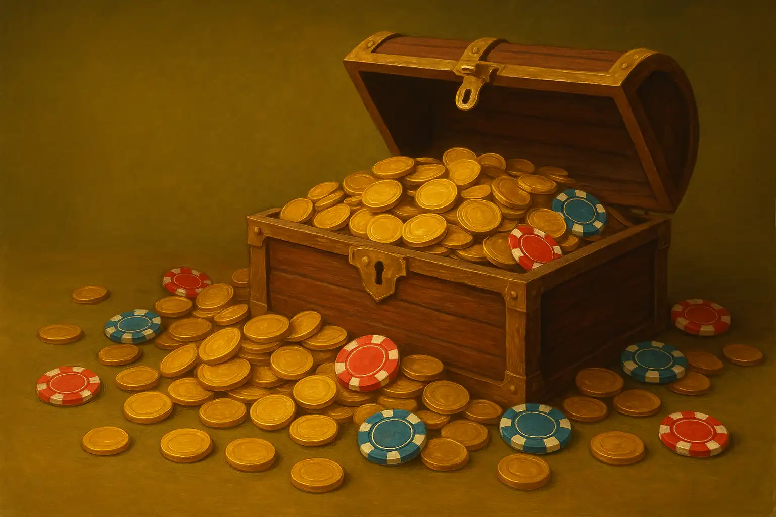 Gold coins and casino chips spilling from a treasure chest against an olive backdrop