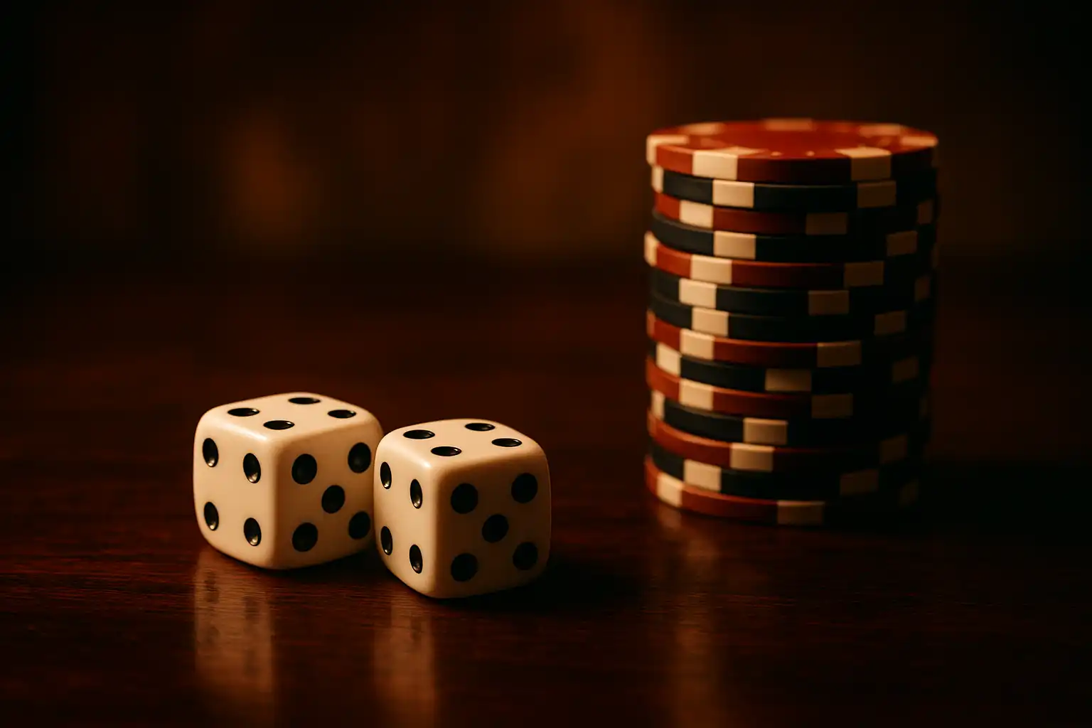 A pair of dice and a stack of casino chips resting on a dark wooden table