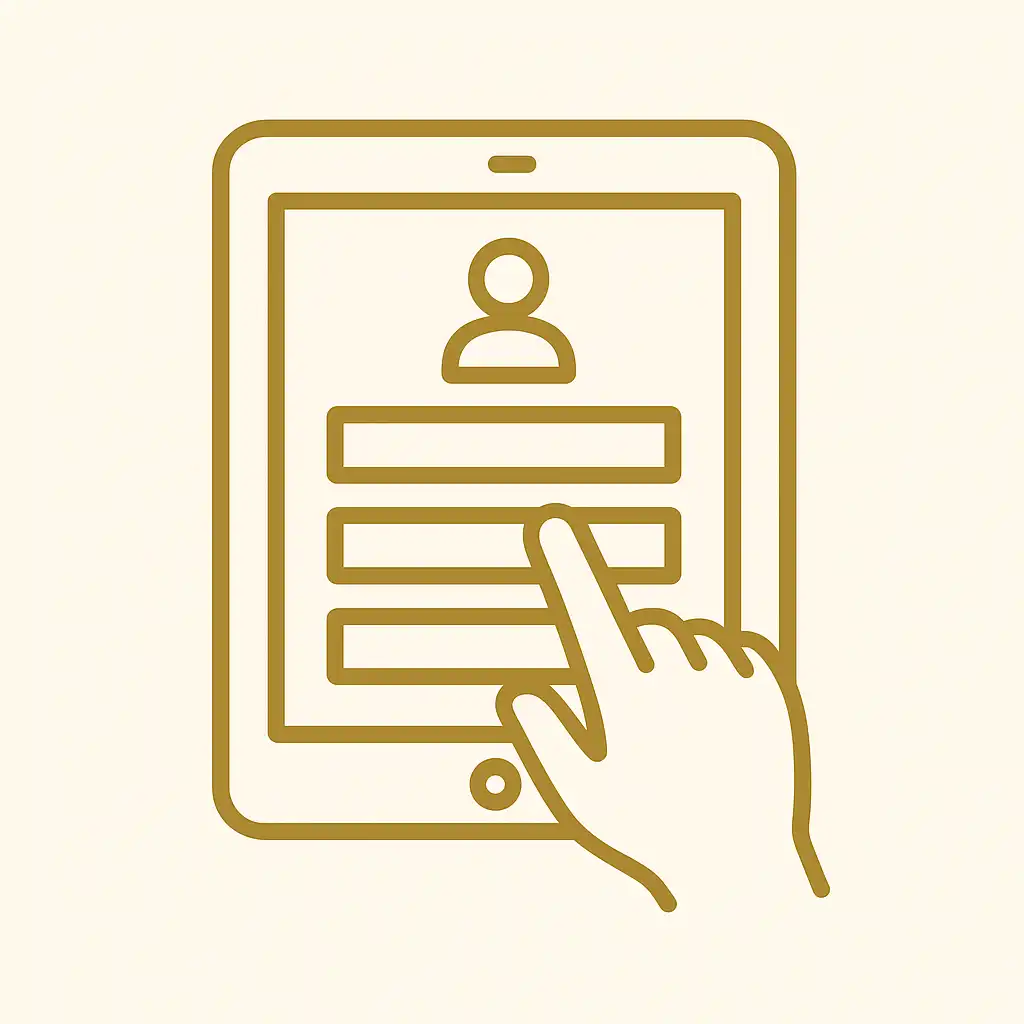 Illustration of a hand filling in a registration form on a tablet