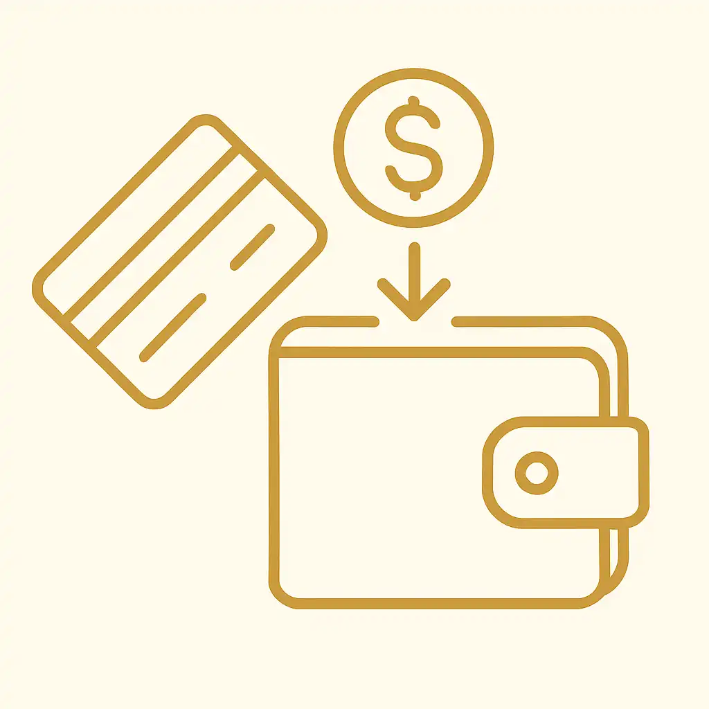 Illustration of a card and coins being deposited into a digital wallet